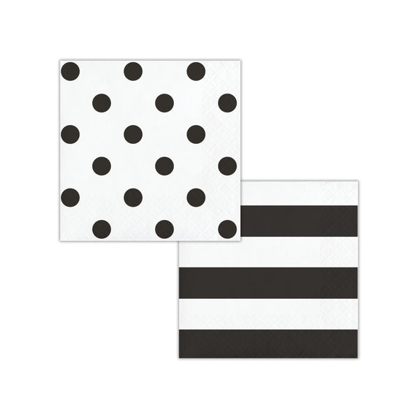 Party Pack | Dots and Stripes | Black Stripe with Black Polka Dots Party Plates | Cups | Napkins | Tablecover | Reversible | All Occasion