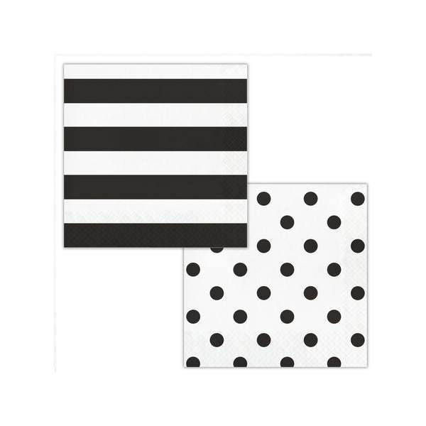 Party Pack | Dots and Stripes | Black Stripe with Black Polka Dots Party Plates | Cups | Napkins | Tablecover | Reversible | All Occasion