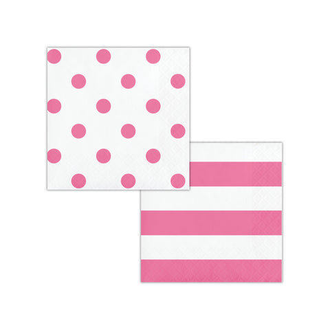 Party Napkins | Dots and Stripes | Candy Pink Stripe with Pink Polka Dots Beverage Napkins | Reversible | 16 Premium Quality Paper Napkins