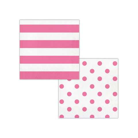 Party Napkins | Dots and Stripes | Candy Pink Stripe with Pink Polka Dots Lunch Napkins | Reversible | 16 Premium Quality Paper Napkins