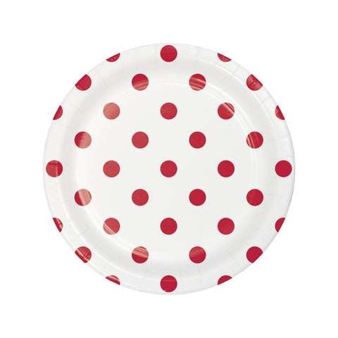 Party Plates |Dots and Stripes | Red Dots 7” Plates | Lunch Plates | 8 Premium Quality Plates | Paper Plates | All Occasion Party Plates