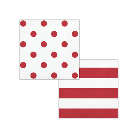 Party Napkins | Dots and Stripes | Red Stripe with Red Polka Dots Beverage Napkins | Reversible | 16 Premium Quality Paper Napkins