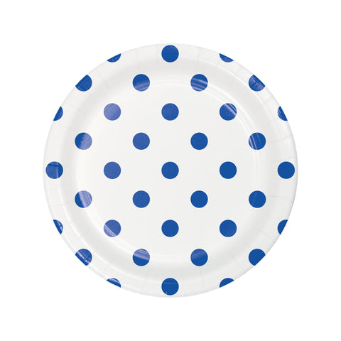 Party Plates |Dots and Stripes | Cobalt Blue Dots 7” Plates | Lunch Plates | 8 Premium Quality Paper Plates | All Occasion Party Plates