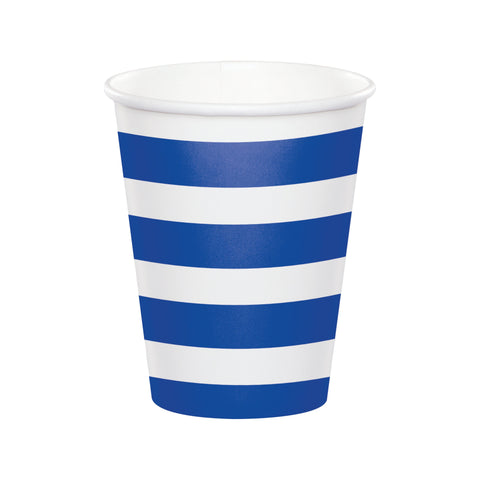 Party Cups | Cobalt Blue Stripes | Hot or Cold Cups | Reversible | 8 Premium Quality Cups | Paper Cups | All Occasion Party