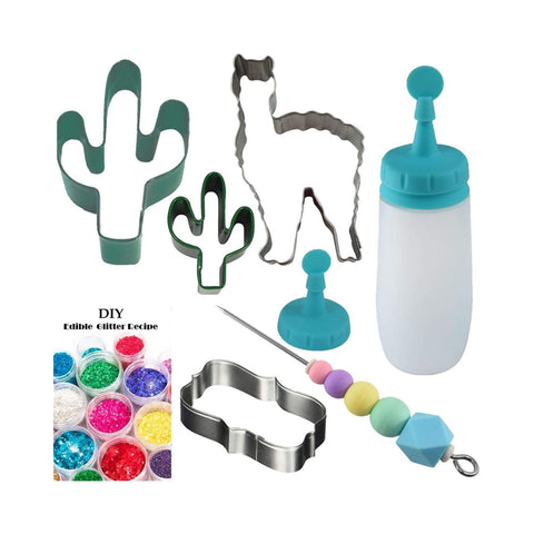 Cactus Llama Cookie Cutters Bundle, Fondant Cutter Molds, Plaque Frame Decoration Set,  Writer Bottle, Scribe Tool, Edible Glitter Recipe