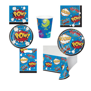 Superhero Slogans Party Pack, Plates, Napkins, Cups, Tablecloth,  Superhero Party Supplies, Superhero Themed Birthday Party Decorations