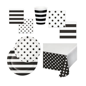 Party Pack | Dots and Stripes | Black Stripe with Black Polka Dots Party Plates | Cups | Napkins | Tablecover | Reversible | All Occasion