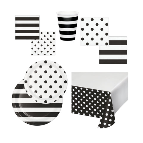 Party Pack | Dots and Stripes | Black Stripe with Black Polka Dots Party Plates | Cups | Napkins | Tablecover | Reversible | All Occasion