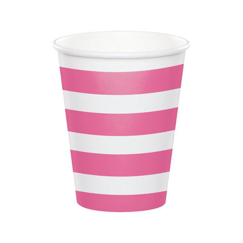 Party Cups | Candy Pink Stripes | Hot or Cold Cups | Reversible | 8 Premium Quality Cups | Paper Cups | All Occasion Party