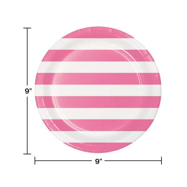 Party Plates |Dots and Stripes | Candy Pink Stripe 9” Plates | Dinner Plates | 8 Premium Quality Plates | Paper Plates | All Occasion Party