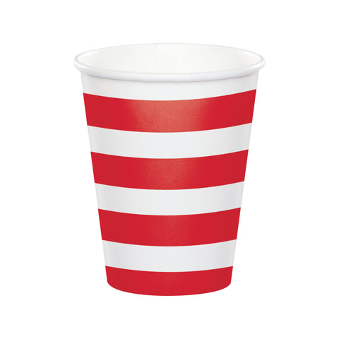 Party Cups | Red Stripes | Hot or Cold Cups | Reversible | 8 Premium Quality Cups | Paper Cups | All Occasion Party