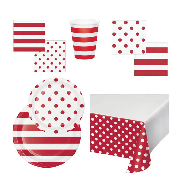 Party Pack | Dots and Stripes | Red Stripes and Polka Dots Party Plates | Cups | Napkins | Tablecover | Reversible | All Occasion