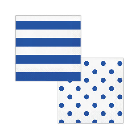 Party Napkins | Dots and Stripes | Cobalt Blue Stripe with Blue Polka Dots Lunch Napkins | Reversible | 16 Premium Quality Paper Napkins