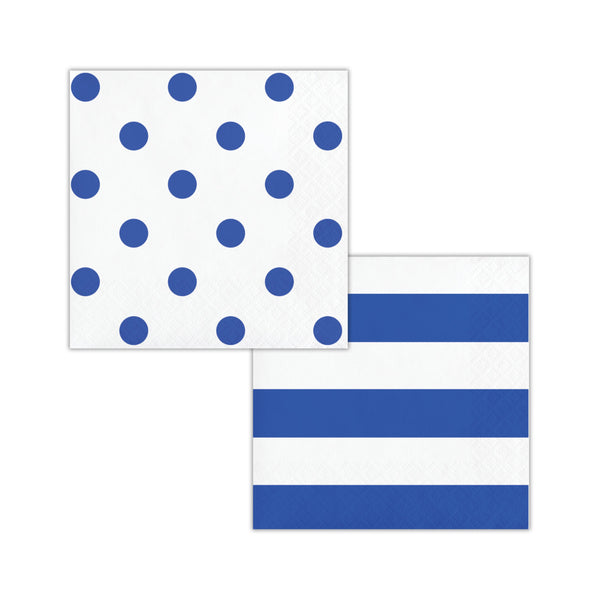 Party Napkins | Dots and Stripes | Cobalt Blue Stripe with Blue Polka Dots Beverage Napkins | Reversible | 16 Premium Quality Paper Napkins