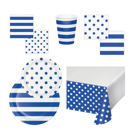 Party Pack | Dots and Stripes | Cobalt Blue Stripes and Polka Dots Party Plates | Cups | Napkins | Tablecover | Reversible | All Occasion