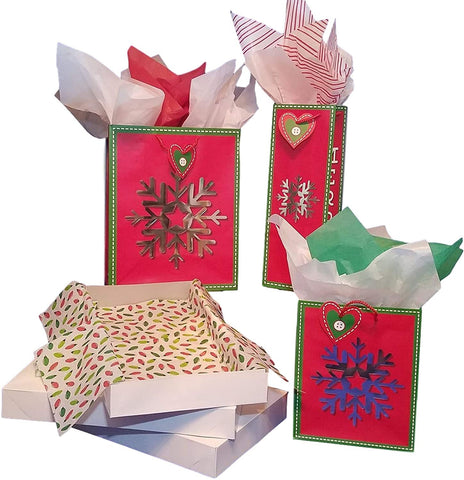 Christmas Gift Bags, Snowflake Design, Coordinating Tissue Paper,  Shirt Gift Boxes, Elegant Christmas, Holiday Gift Wrap, Holiday Bags