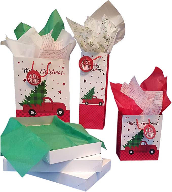 Christmas Gift Bags, Truck with Tree Design, Coordinating Tissue Paper,  Shirt Gift Boxes, Rustic Christmas, Holiday Gift Wrap, Holiday Bags