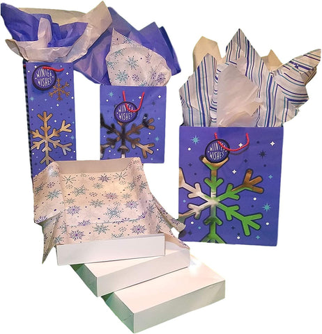 Christmas Gift Bags, Blue Snowflake Winter, Coordinating Tissue Paper,  Shirt Gift Boxes, Rustic Christmas, Holiday Gift Wrap, Holiday Bags