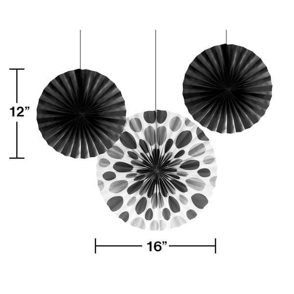 Black Paper Fan Decorations, Set of 3 Honeycomb Tissue Paper Party Fans, Paper Flowers, Paper Rosette Fan, Wall Decor, Paper Pinwheel