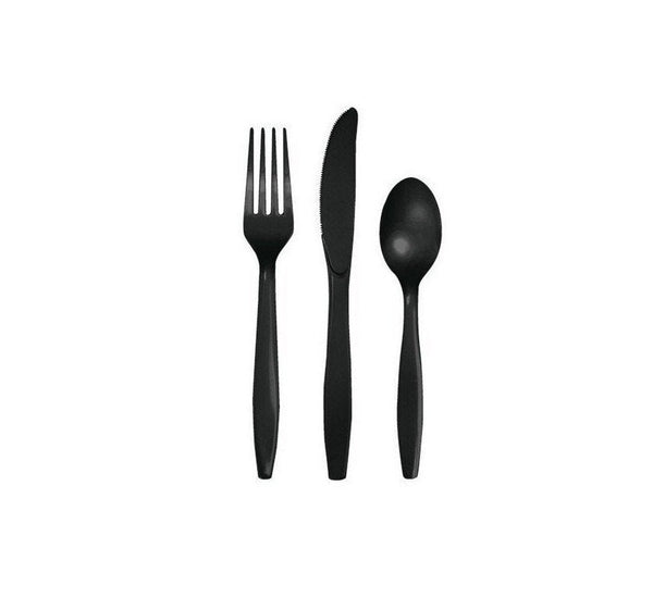 Black Party Cutlery, 18pc Plastic Cutlery Set, Plastic Spoons Knives Forks, Disposable Cutlery, Birthday, Wedding, Shower, Hen Party