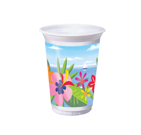 Lush Luau Party Cups, Set of 8, 16 oz Plastic Tumbler Cups, Aloha Tableware, Summer Party Décor, Luau Party Supplies, Toucans and Flamingos