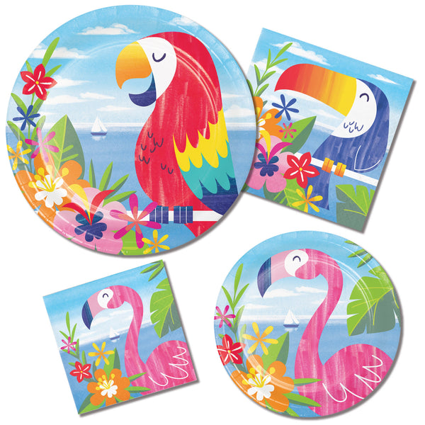 Lush Luau Party Plates, 8 Desert or Cake Plates Aloha Party Tableware, Summer Party Décor, Luau Party Supplies, Toucans and Flamingos Theme