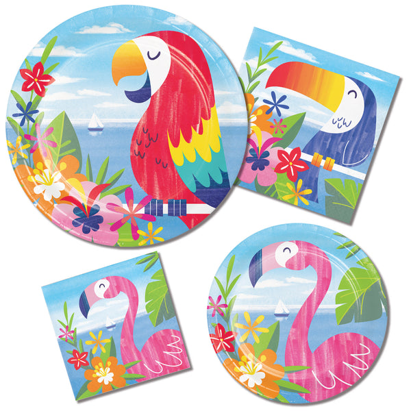 Lush Luau Tablecover, Aloha Tableware, Summer Party Décor, Luau Party Supplies, Toucans and Flamingos