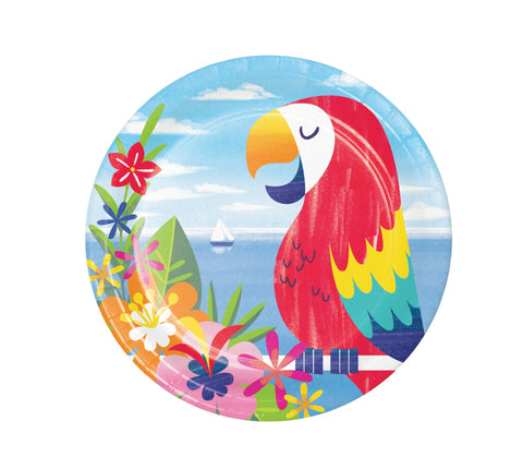 Lush Luau Party Plates, 8 Dinner Plates, Aloha Party Tableware, Summer Party Décor, Luau Party Supplies, Toucans and Flamingos Theme